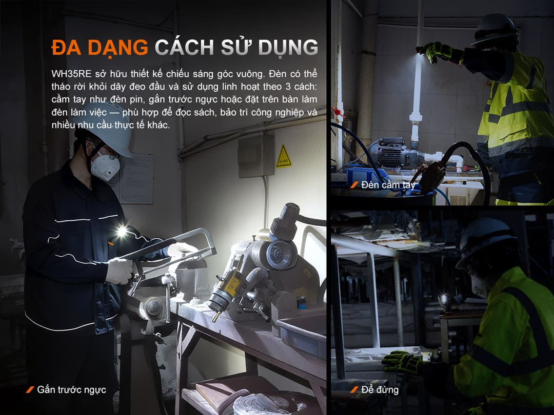 thiết kế góc vuông tháo rời khỏi dây đeo đầu để phục vụ nhiều nhu cầu chiếu sáng thực tế khác nhau.