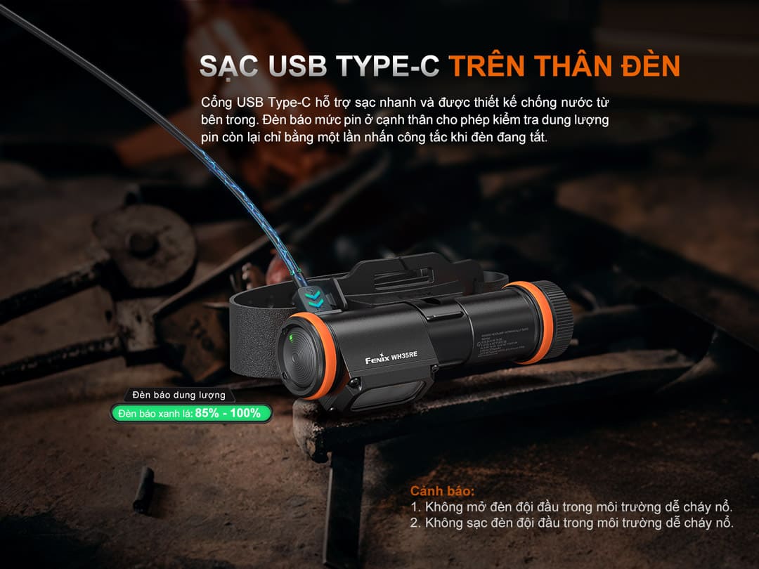 cổng sạc USB-C chống nước bên trong thân đèn, cho phép kiểm tra pin còn lại bằng một lần nhấn khi đèn đang tắt.