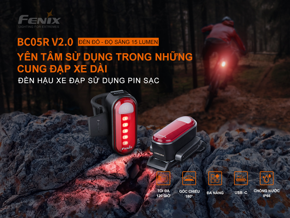 Đèn hậu xe đạp Fenix BC05R V2.0 dùng pin liền thân Li-polymer 400mAh độ sáng 15 lumen 5 LED ánh sáng đỏ