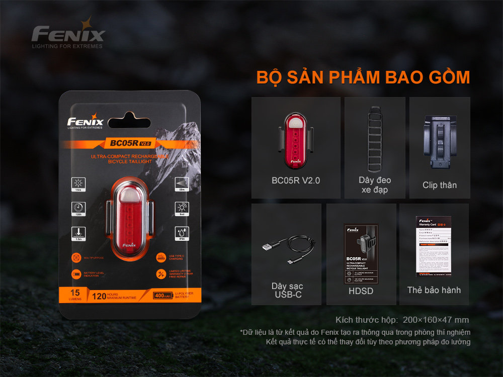 Đèn hậu xe đạp Fenix BC05R V2.0 dùng pin liền thân Li-polymer 400mAh độ sáng 15 lumen 5 LED ánh sáng đỏ