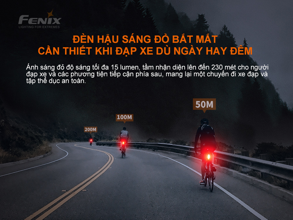 Đèn hậu xe đạp Fenix BC05R V2.0 dùng pin liền thân Li-polymer 400mAh độ sáng 15 lumen 5 LED ánh sáng đỏ