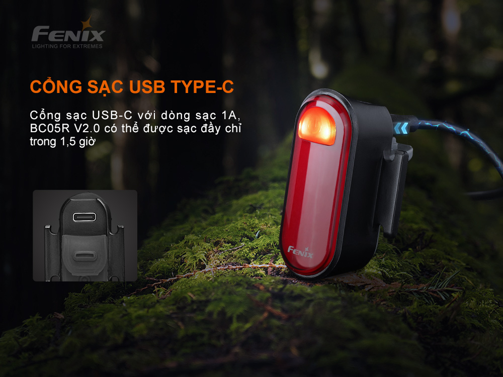Đèn hậu xe đạp Fenix BC05R V2.0 dùng pin liền thân Li-polymer 400mAh độ sáng 15 lumen 5 LED ánh sáng đỏ