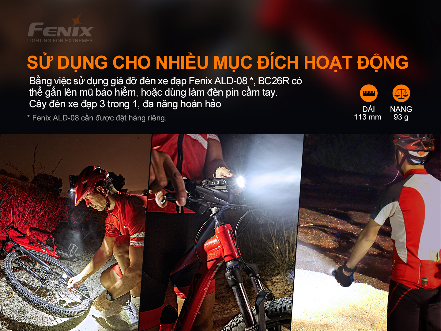 Đèn xe đạp FENIX BC26R sáng 1600 lm chiếu xa 168m LED Luminus pin 21700 5000mAh sạc type-C