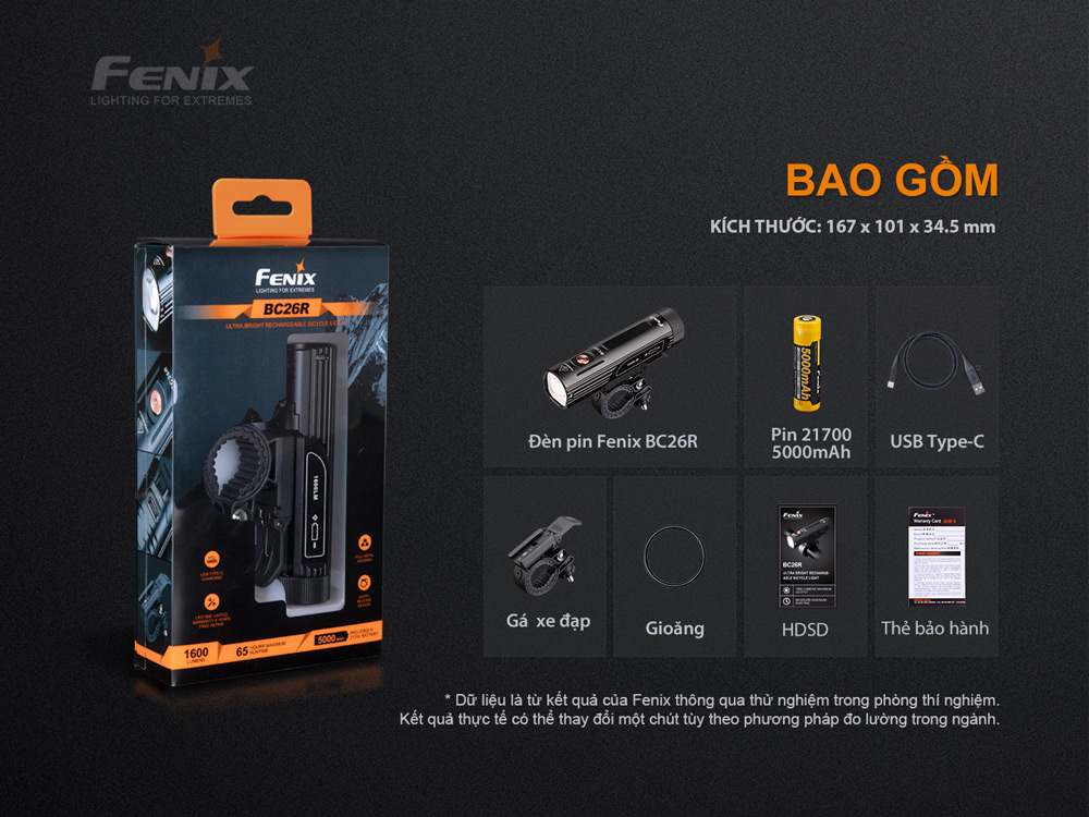 Đèn xe đạp FENIX BC26R sáng 1600 lm chiếu xa 168m LED Luminus pin 21700 5000mAh sạc type-C