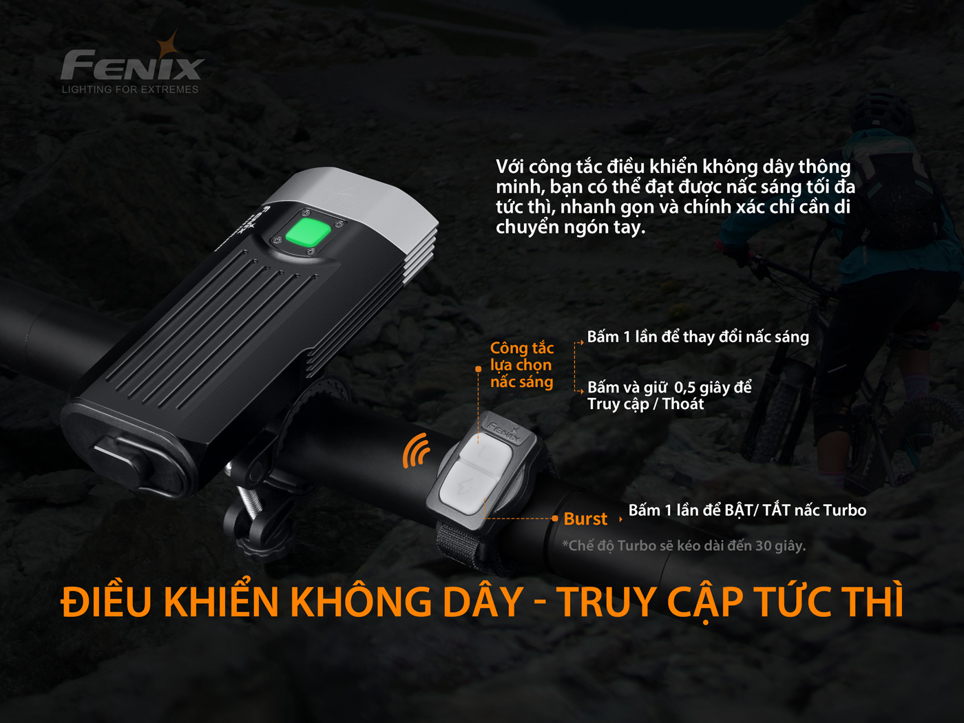 Đèn xe đạp FENIX BC30 V2.0 sáng 2200lm chiếu xa 187m công tắc remote kèm pin sạc