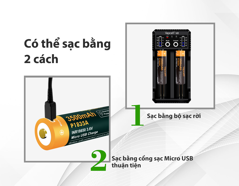 Pin sạc VAPCELL P1835A dung lượng 3500mAh dòng xả 10A có bảo vệ sạc USB
