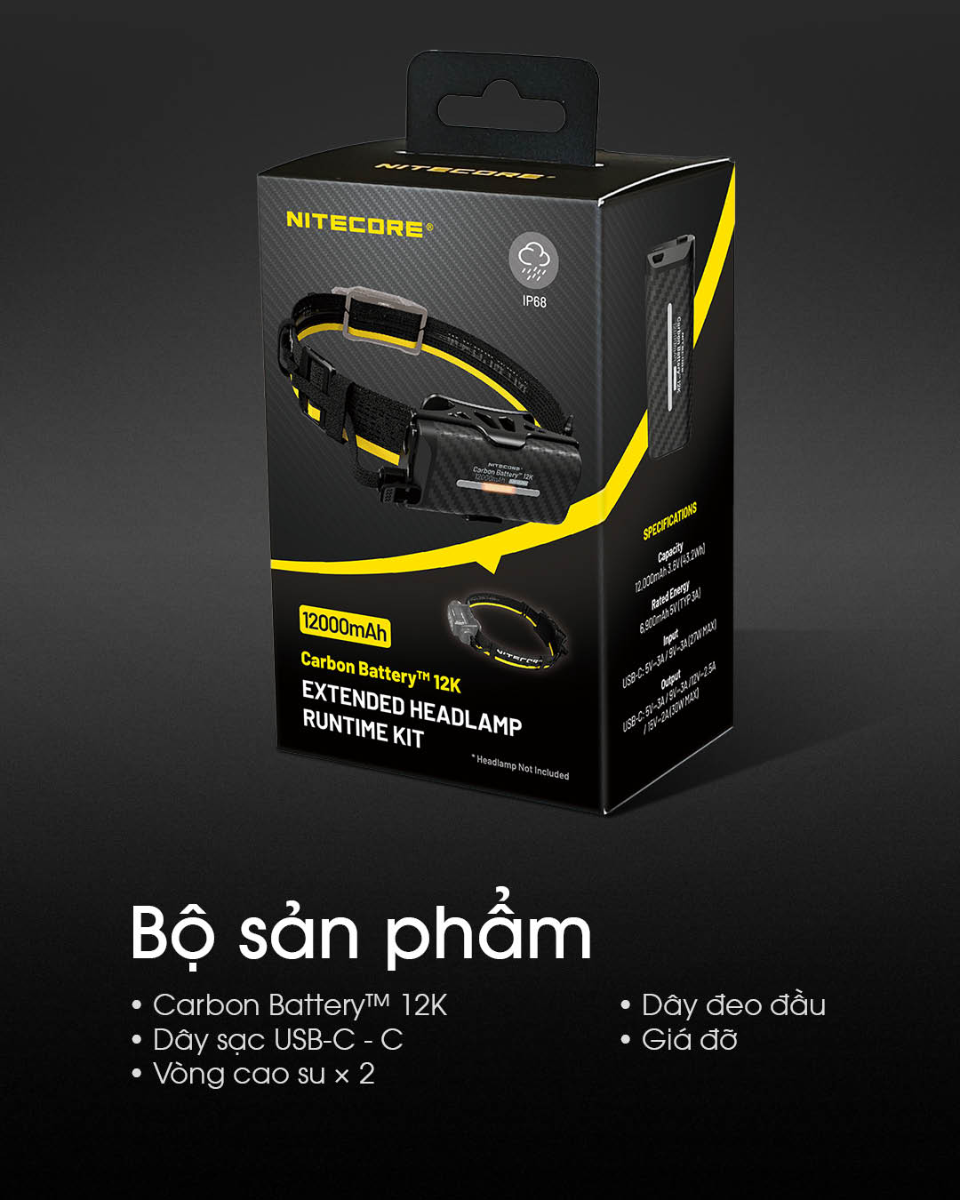 Pin sạc mở rộng NITECORE Carbon 12K 12000mAH dành cho đèn đeo đầu NITECORE