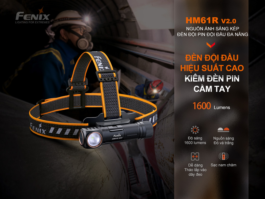 Đèn pin đội đầu FENIX HM61R V2.0 sáng 1600 lumen tầm chiếu xa 162m pin 18650 sạc nam châm