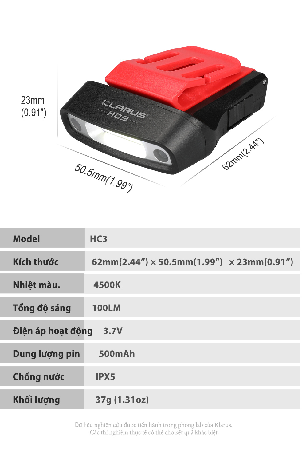 Đèn pin đội đầu KLARUS HC3 LED COB độ sáng 100 lumen chiếu xa 15m (pin liền)