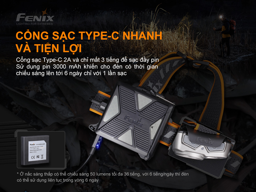 Đèn pin đội đầu FENIX HP16R sáng 1250 lumens chiếu xa 255m pack pin rời sạc USB-C