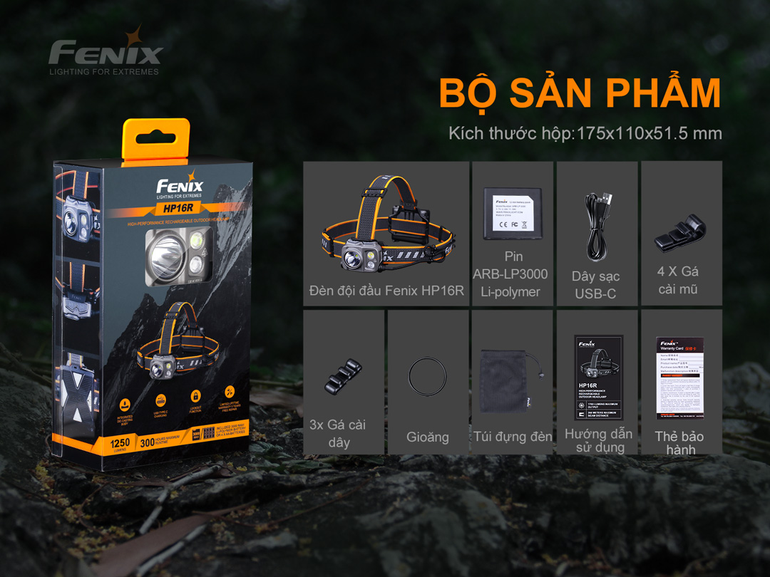 Đèn pin đội đầu FENIX HP16R sáng 1250 lumens chiếu xa 255m pack pin rời sạc USB-C