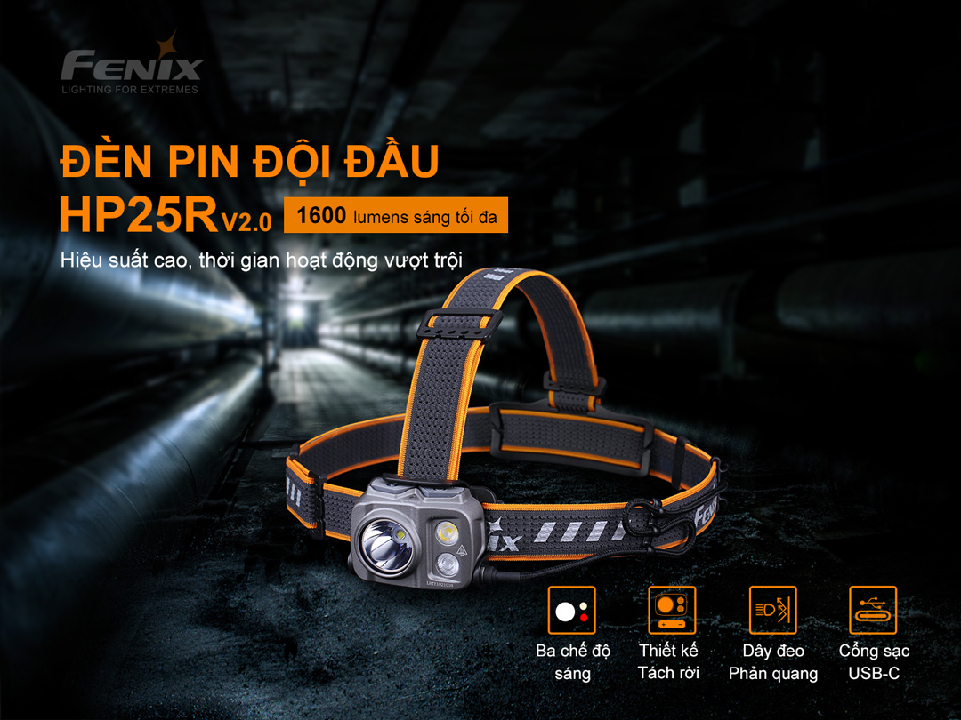 Đèn pin đội đầu FENIX HP25R V2.0 sáng 1600 lumens chiếu xa 290m pin 21700 5000 mAh sạc USB-C