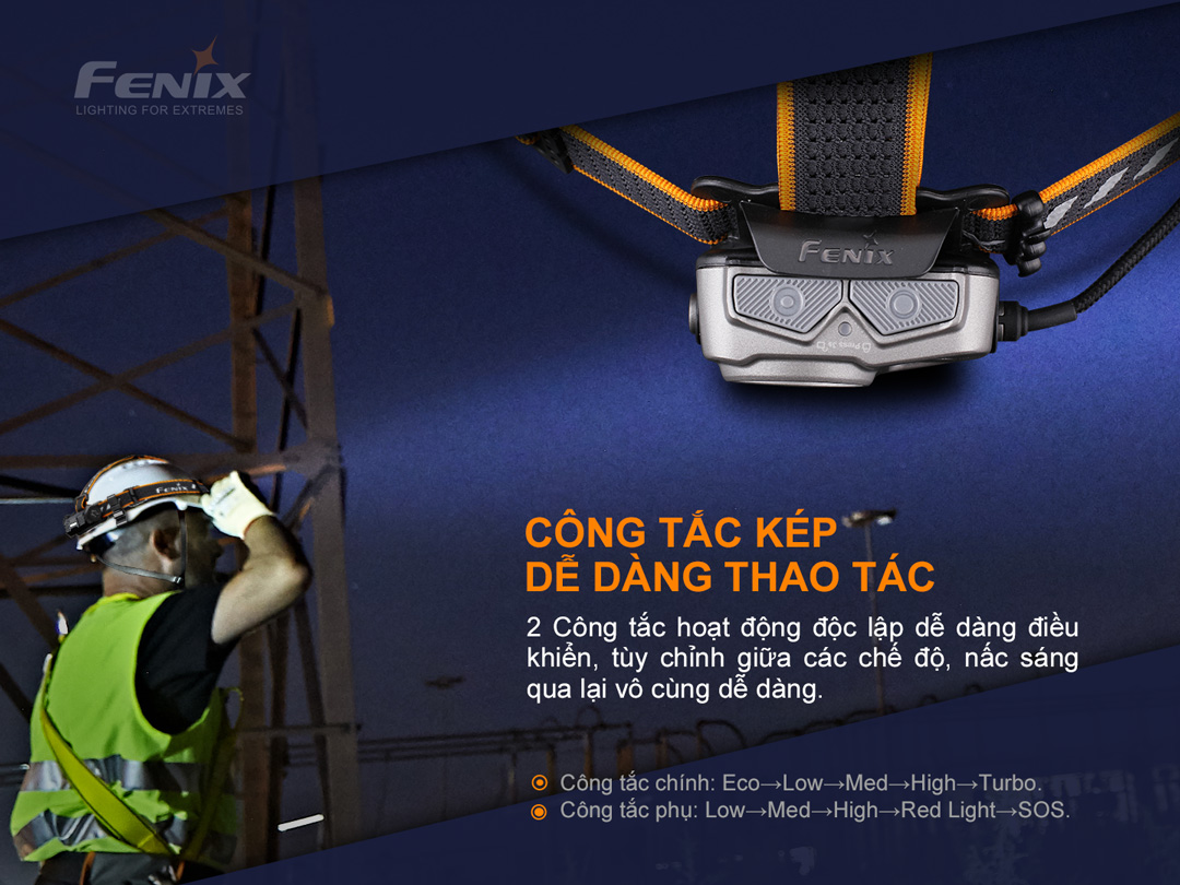 Đèn pin đội đầu FENIX HP25R V2.0 sáng 1600 lumens chiếu xa 290m pin 21700 5000 mAh sạc USB-C