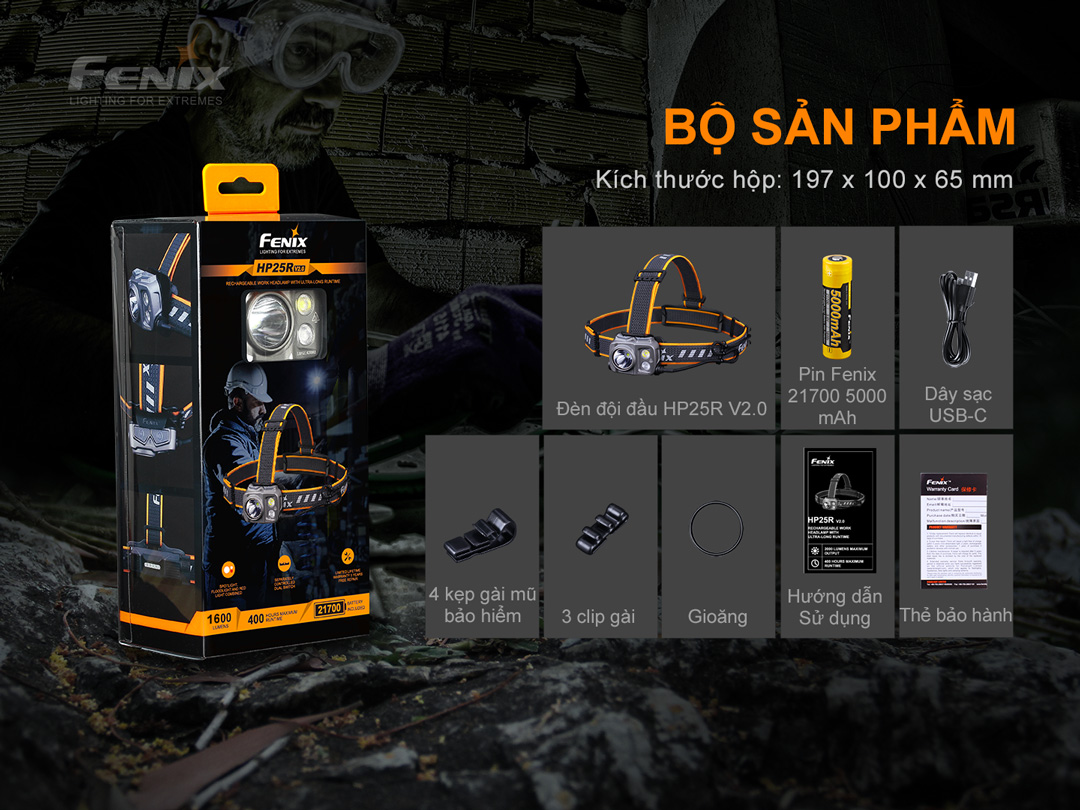 Đèn pin đội đầu FENIX HP25R V2.0 sáng 1600 lumens chiếu xa 290m pin 21700 5000 mAh sạc USB-C