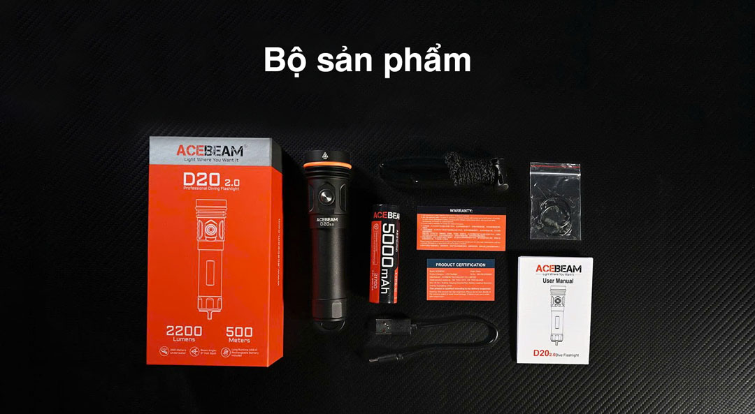Đèn lặn ACEBEAM D20 2.0 sáng 2200lm xa 500m pin 21700 5000 mAh chịu ngập sâu 200m