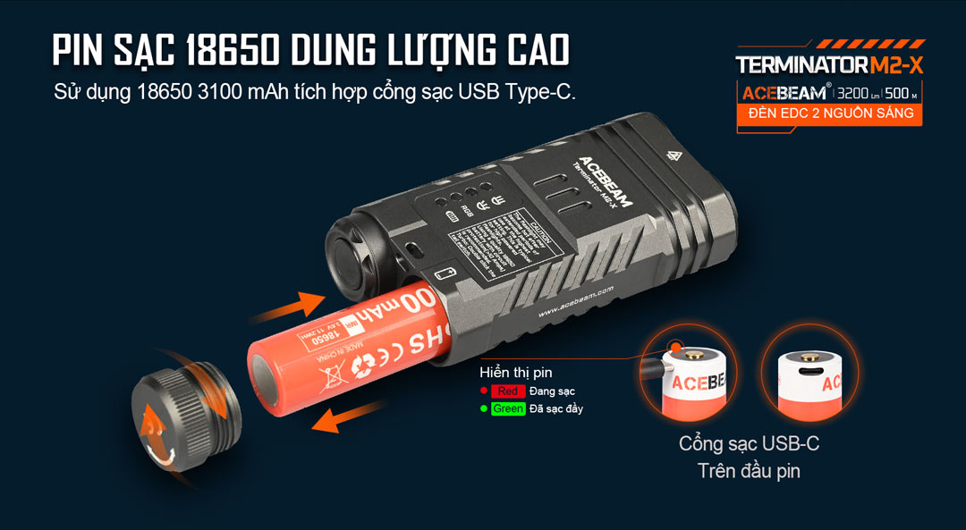 Đèn pin cao cấp ACEBEAM M2-X TERMINATOR 3200 lumen chiếu xa 500m pin 18650 3100mAh