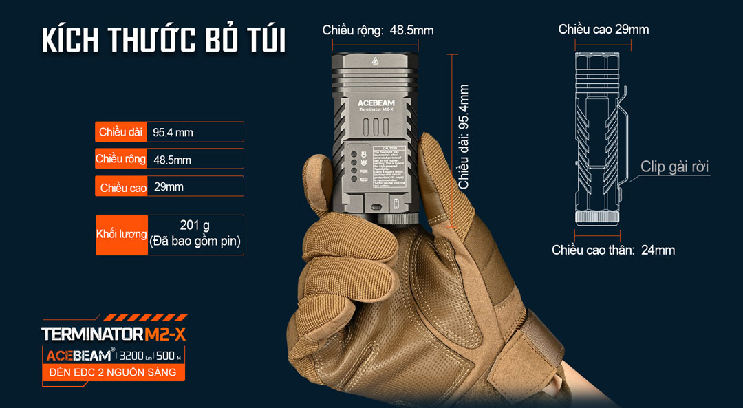 Đèn pin cao cấp ACEBEAM M2-X TERMINATOR 3200 lumen chiếu xa 500m pin 18650 3100mAh
