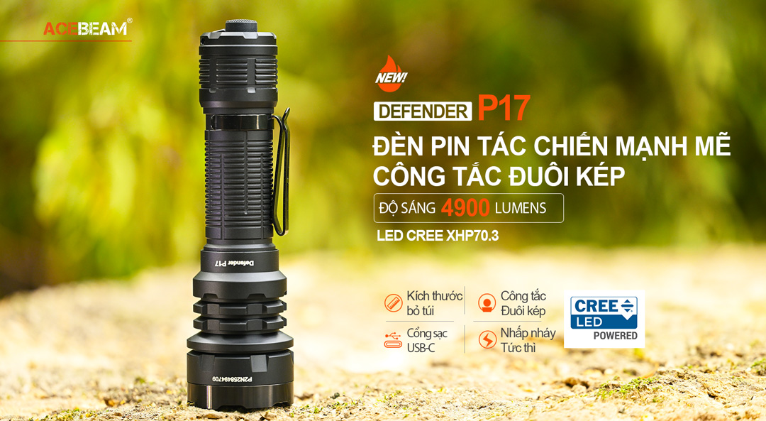 Đèn pin ACEBEAM P17 Defender sáng 4900 lumen chiếu xa 445m pin 21700 tích hợp sạc USB C công tắc kép phản ứng nhanh