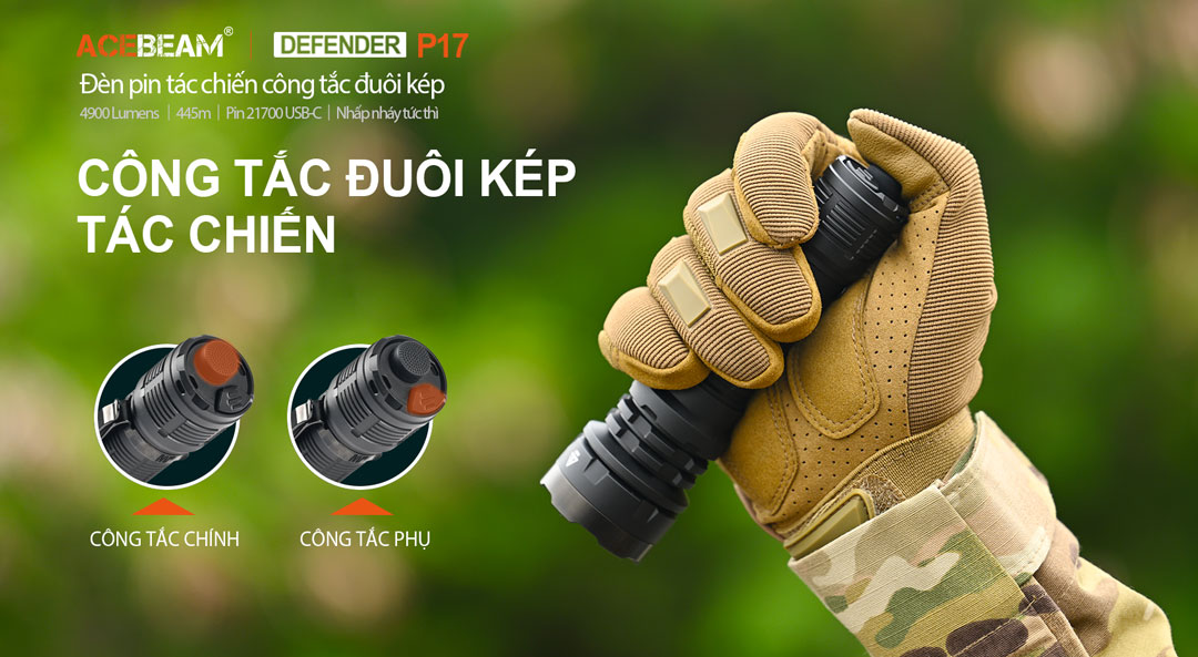 Đèn pin ACEBEAM P17 Defender sáng 4900 lumen chiếu xa 445m pin 21700 tích hợp sạc USB C công tắc kép phản ứng nhanh