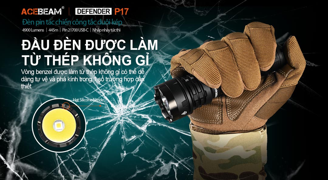 Đèn pin ACEBEAM P17 Defender sáng 4900 lumen chiếu xa 445m pin 21700 tích hợp sạc USB C công tắc kép phản ứng nhanh