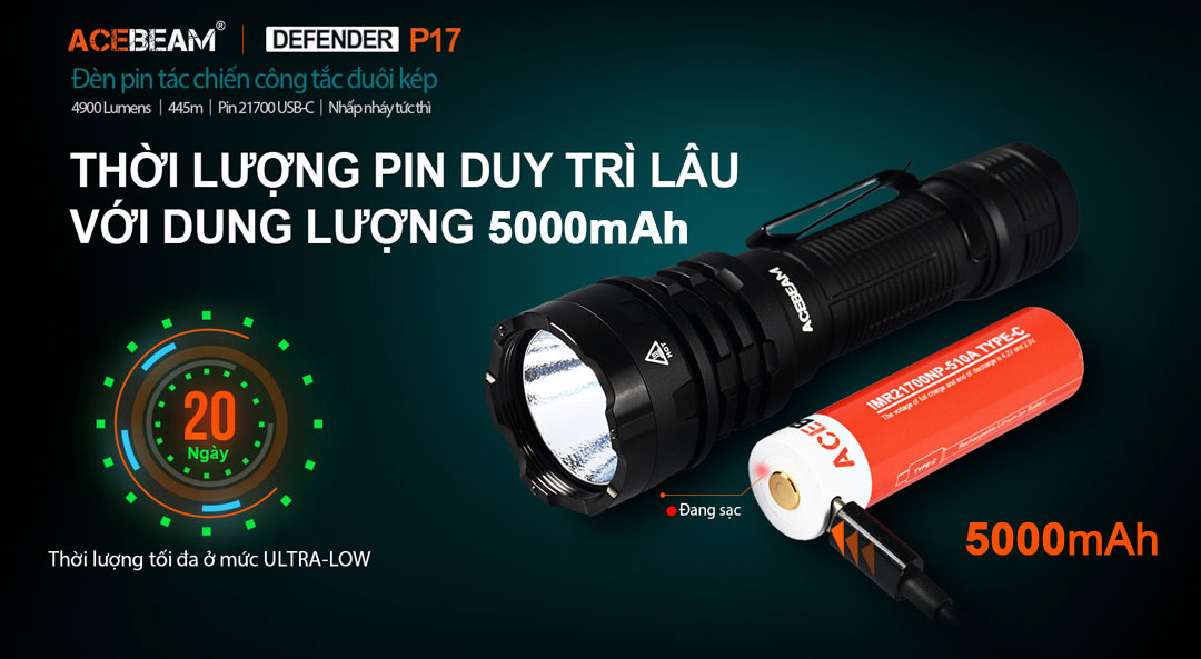 Đèn pin ACEBEAM P17 Defender sáng 4900 lumen chiếu xa 445m pin 21700 tích hợp sạc USB C công tắc kép phản ứng nhanh