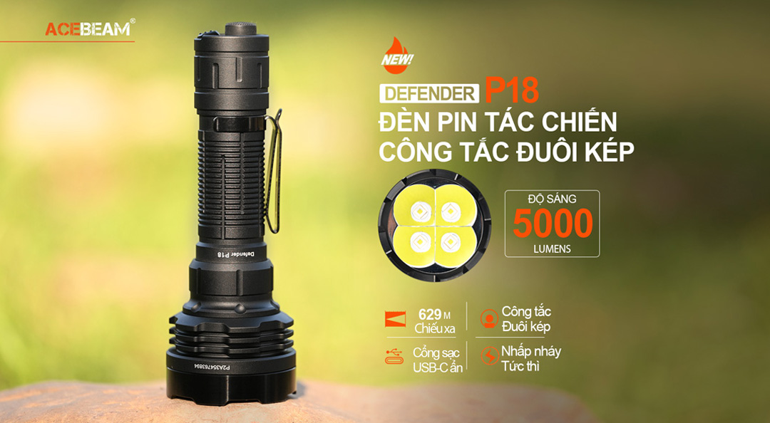 Đèn pin ACEBEAM P18 Defender sáng 5000lumen chiếu xa 629m pin 21700 sạc USB C công tắc kép phản ứng nhanh