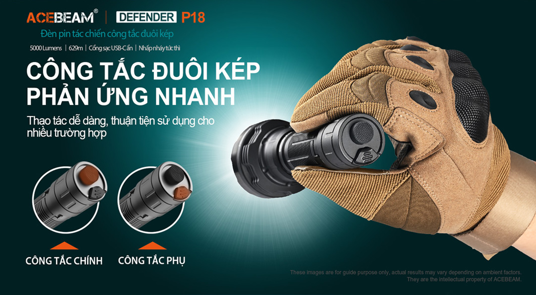 Đèn pin ACEBEAM P18 Defender sáng 5000lumen chiếu xa 629m pin 21700 sạc USB C công tắc kép phản ứng nhanh