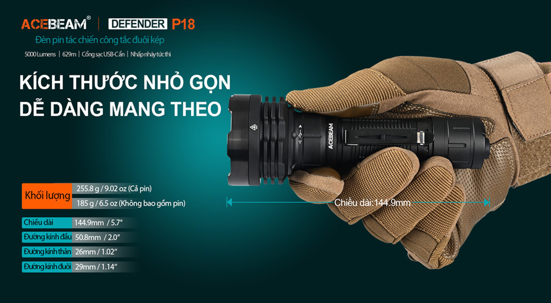 Đèn pin ACEBEAM P18 Defender sáng 5000lumen chiếu xa 629m pin 21700 sạc USB C công tắc kép phản ứng nhanh
