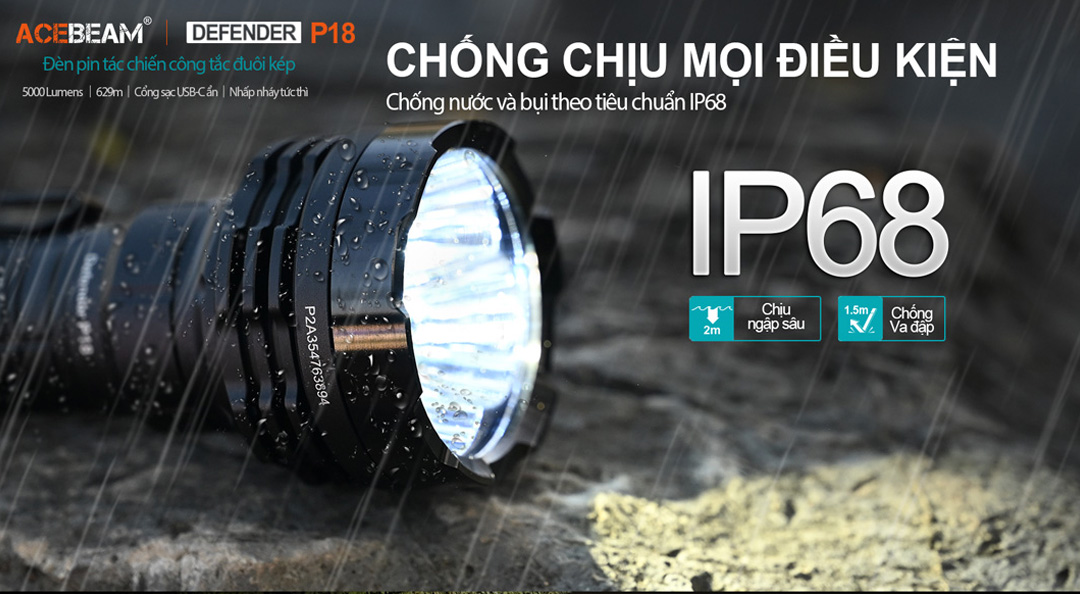 Đèn pin ACEBEAM P18 Defender sáng 5000lumen chiếu xa 629m pin 21700 sạc USB C công tắc kép phản ứng nhanh