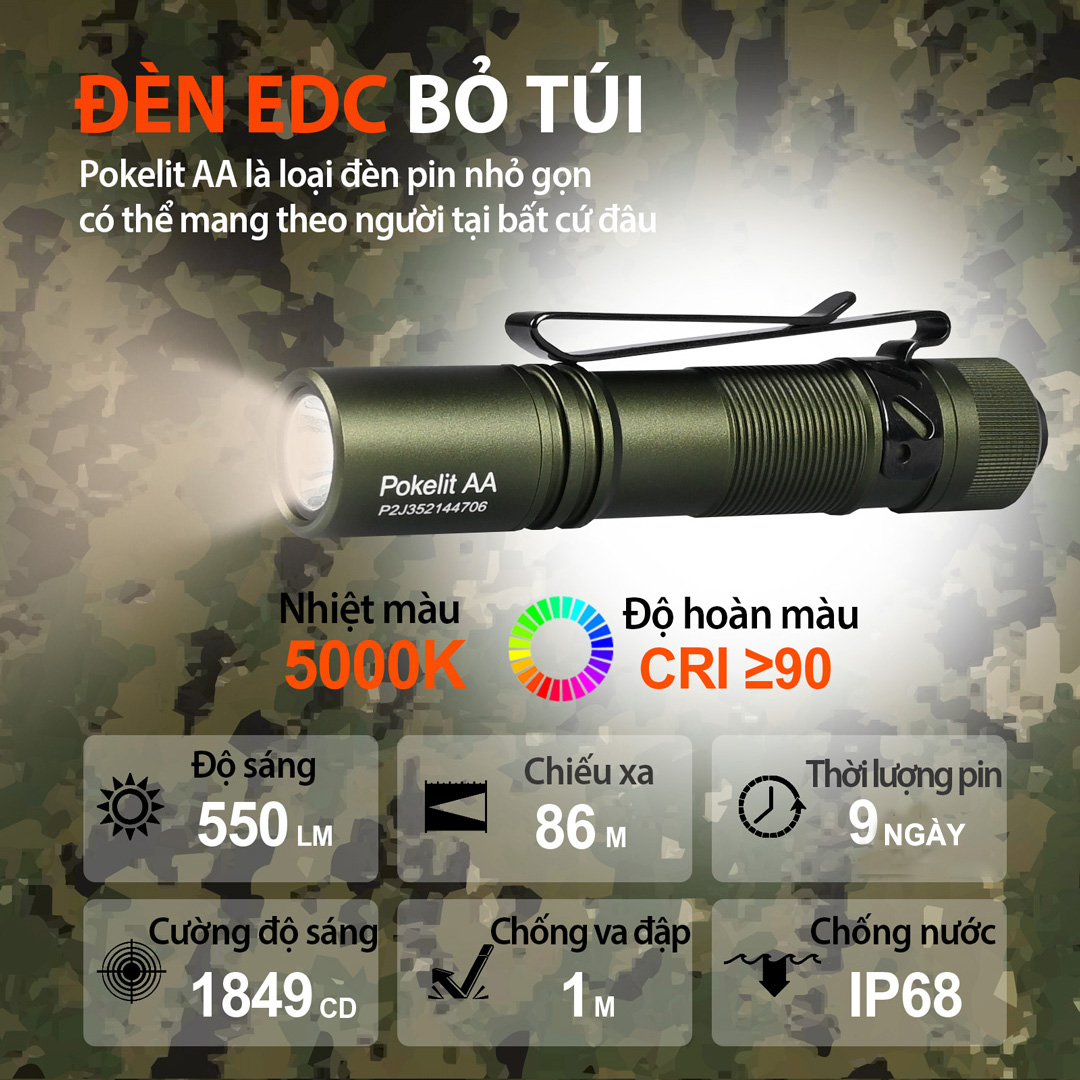 Đèn pin ACEBEAM POKELIT AA độ sáng 550lm chiếu xa 86m pin 14500 độ hoàn màu cao