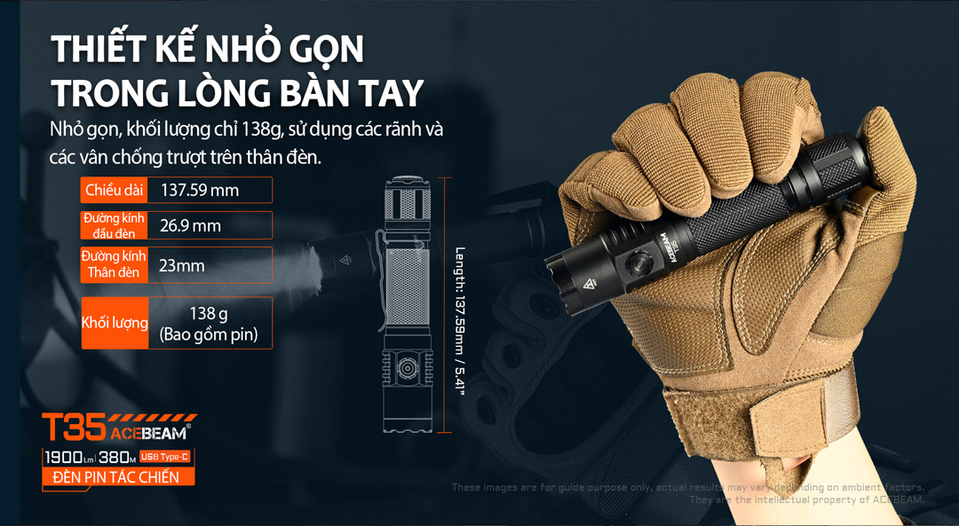 Đèn pin ACEBEAM T35 sáng 1900 lumens chiếu xa 380m pin 18650 2600mAh sạc USB C