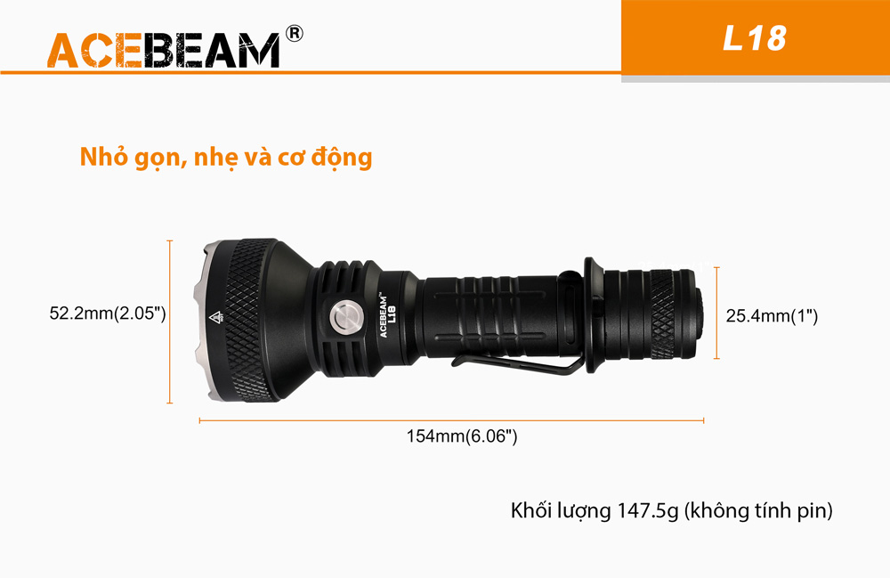 Đèn pin chiếu xa ACEBEAM L18 ánh sáng xanh độ sáng 2100 lumen tầm chiếu 1155m pin sạc 21700 5000mAh (kèm theo) sạc Type-C