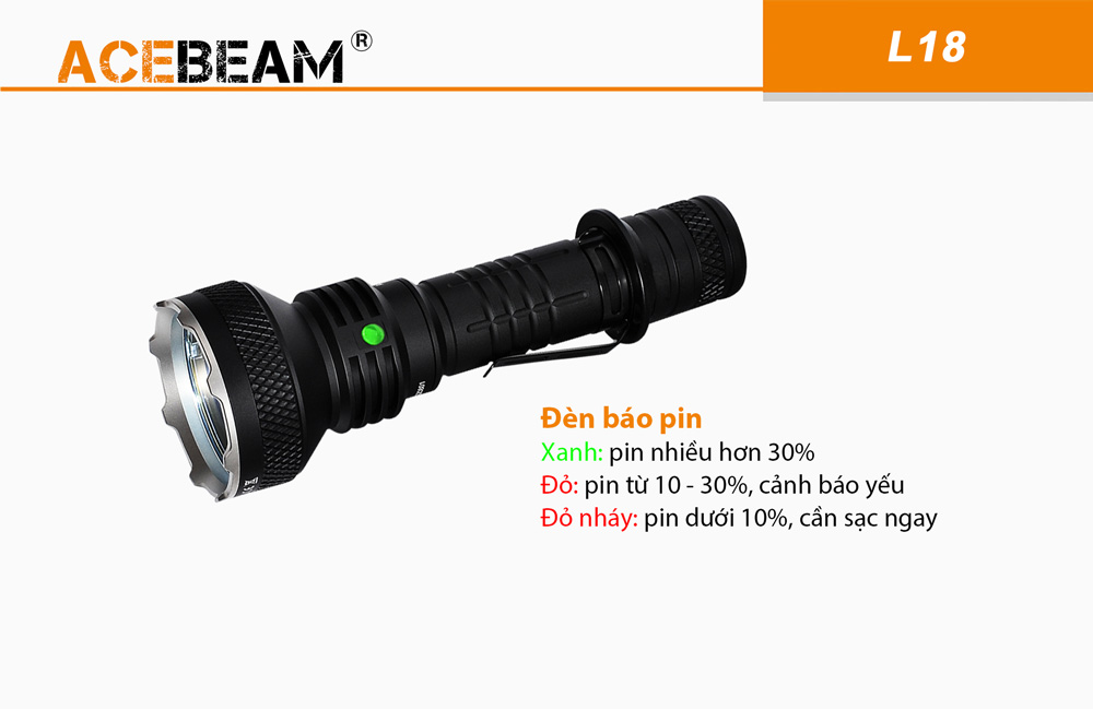 Đèn pin chiếu xa ACEBEAM L18 ánh sáng xanh độ sáng 2100 lumen tầm chiếu 1155m pin sạc 21700 5000mAh (kèm theo) sạc Type-C
