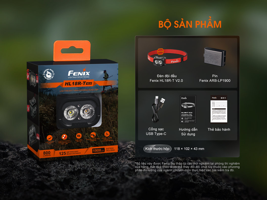 Bộ sản phẩm chung và các thông tin của đèn đội đầu Fenix HL18-T V2.0