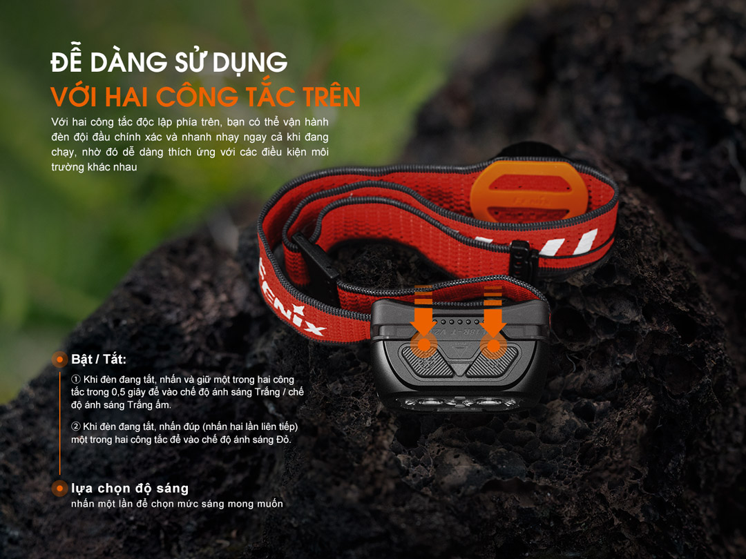 Đèn đội đầu Fenix HL18R-T V2.0 sử dụng 2 công tắc riêng biệt để sử dụng và đổi chế độ đèn
