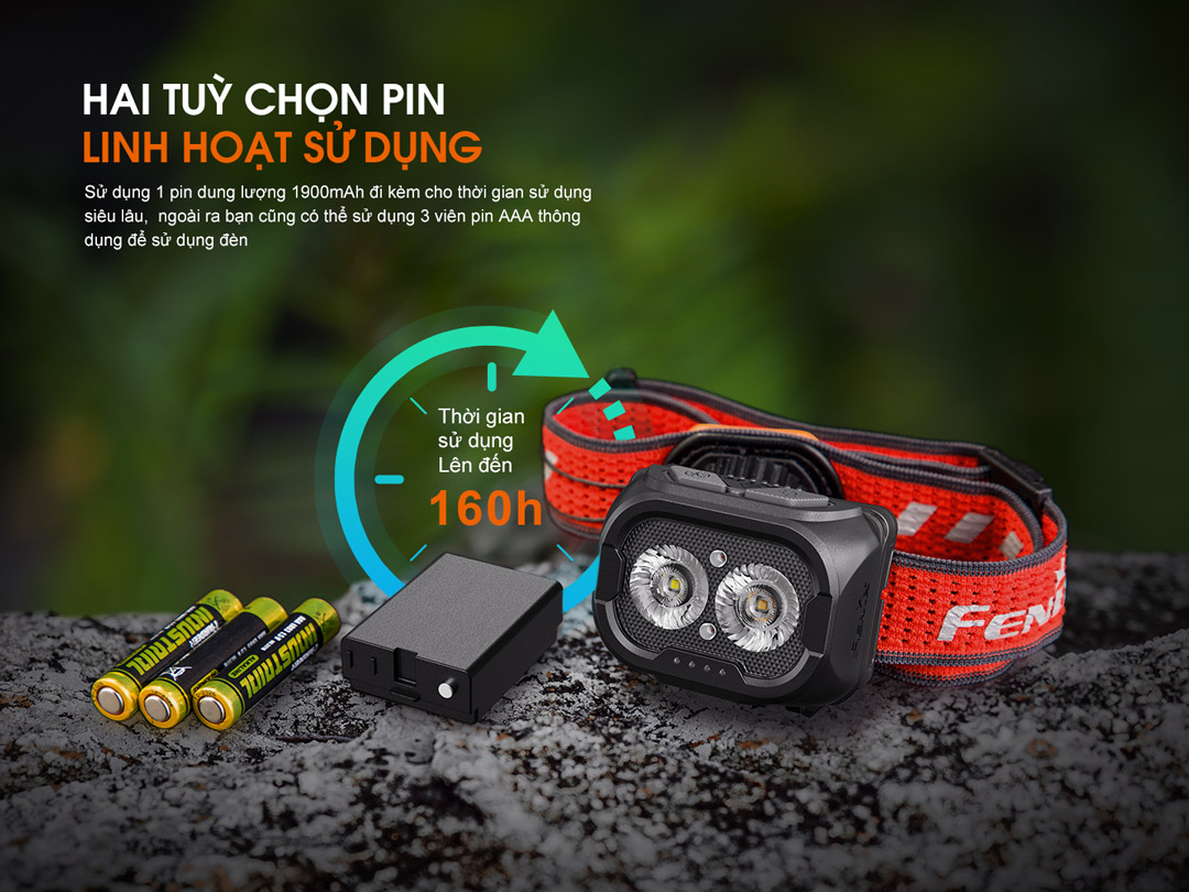 Đèn đội đầu HL18R-T V2.0 sử dụng 2 nguồn cấp sáng linh hoạt dễ dàng thay thế và sử dụng