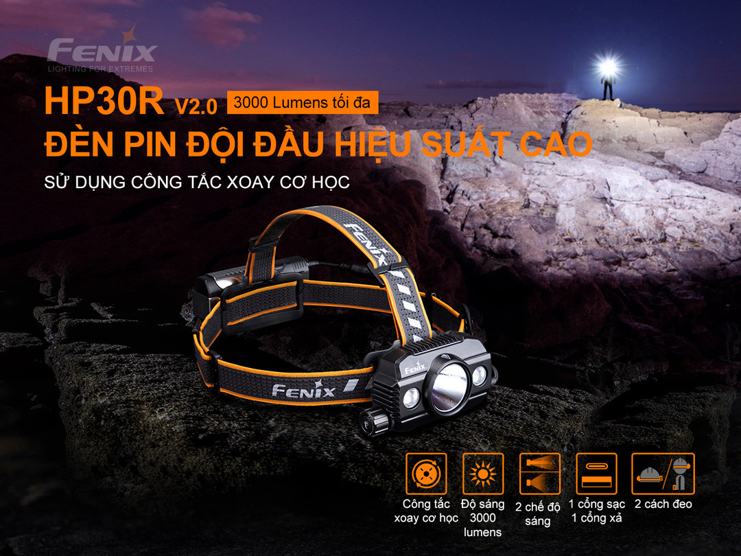 Đèn pin đội đầu FENIX HP30R V2.0 sáng 3000 lumens chiếu xa 270m 2 pin 21700 5000 mAh sạc USB-C powerbank