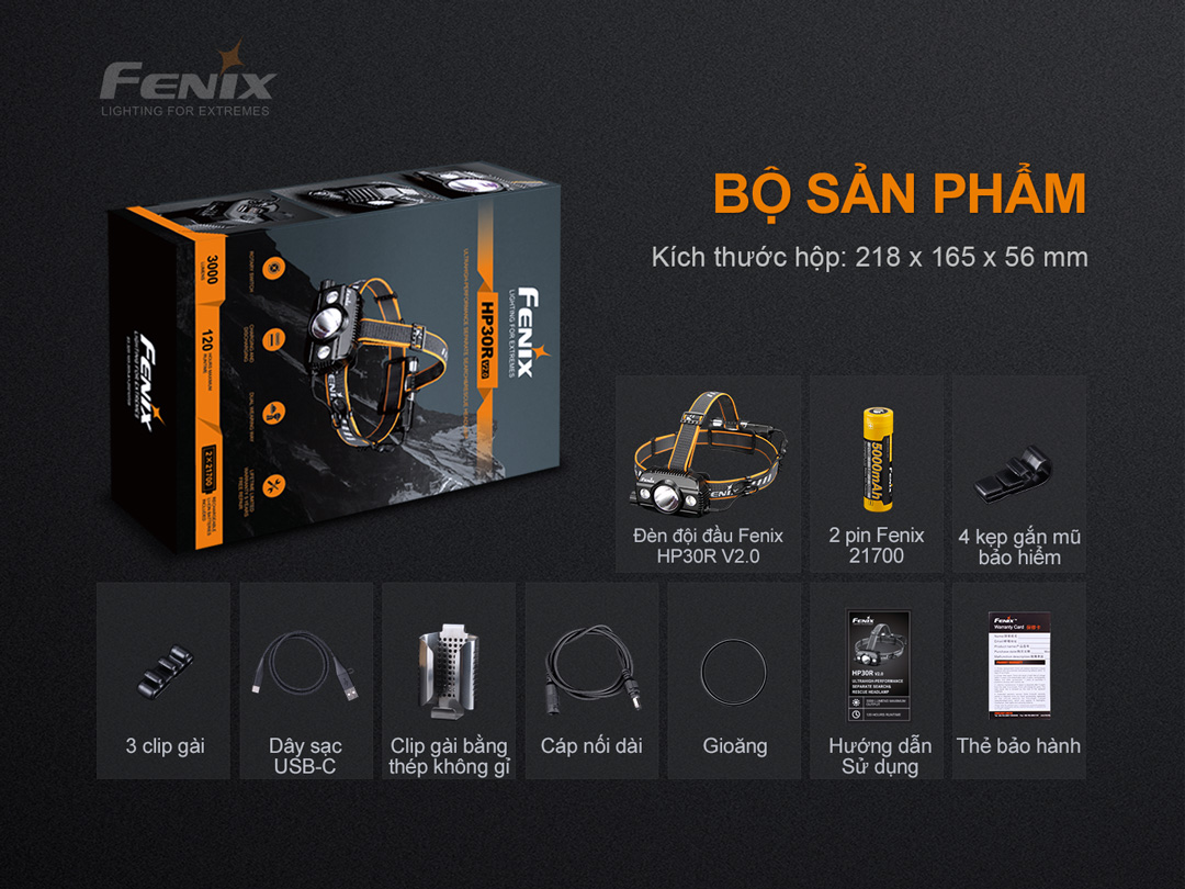 Đèn pin đội đầu FENIX HP30R V2.0 sáng 3000 lumens chiếu xa 270m 2 pin 21700 5000 mAh sạc USB-C powerbank