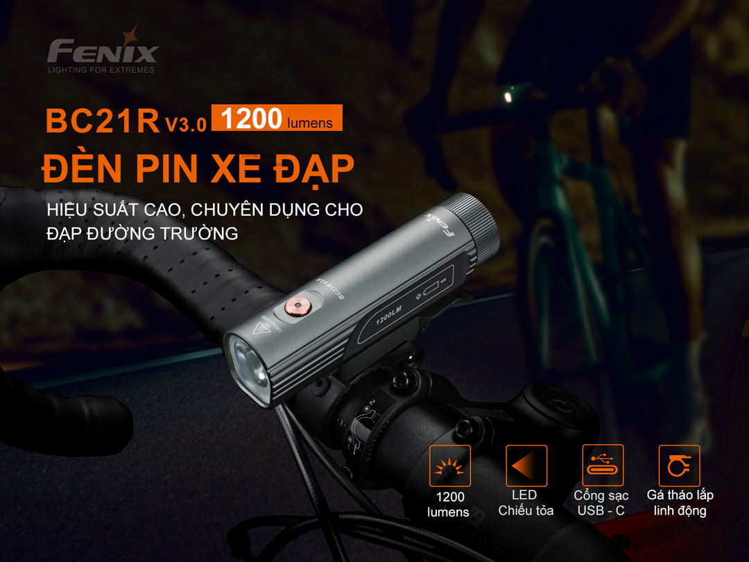Đèn xe đạp FENIX BC21R V3.0 độ sáng 1200 lumen chiếu xa 142m pin 18650 2600mAh sạc USB-C
