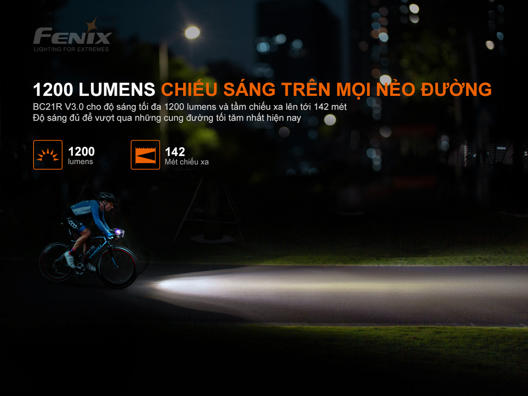 Đèn xe đạp FENIX BC21R V3.0 độ sáng 1200 lumen chiếu xa 142m pin 18650 2600mAh sạc USB-C