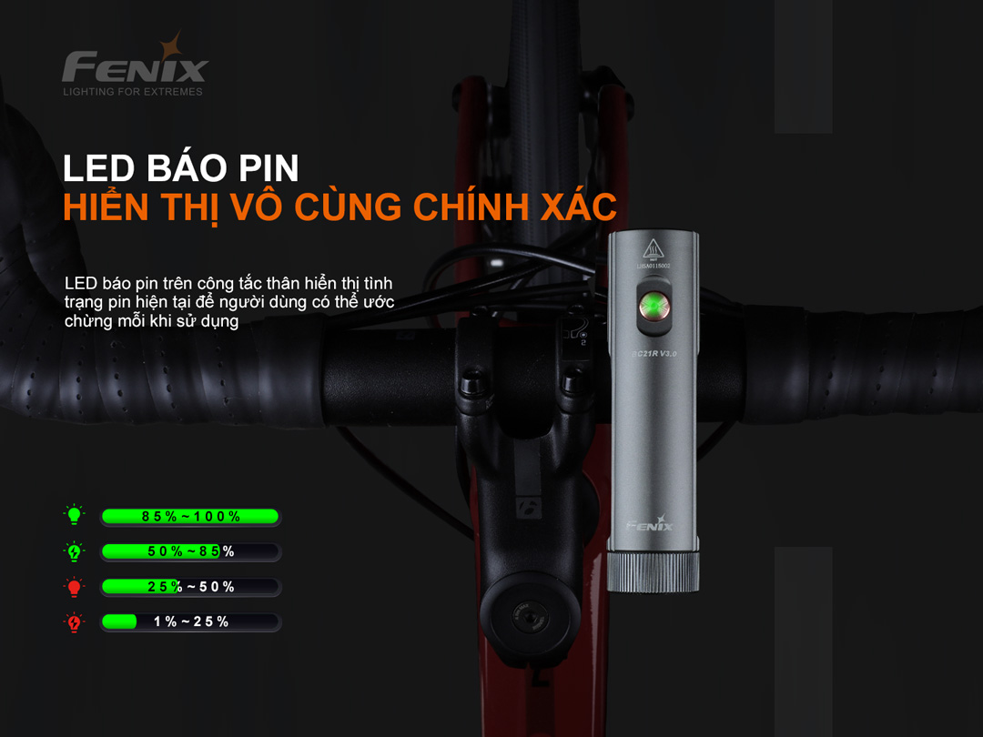 Đèn xe đạp FENIX BC21R V3.0 độ sáng 1200 lumen chiếu xa 142m pin 18650 2600mAh sạc USB-C