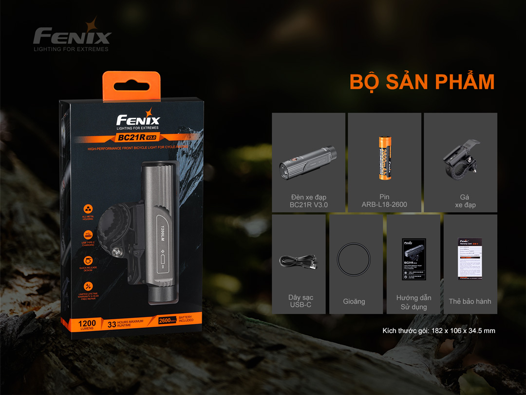 Đèn xe đạp FENIX BC21R V3.0 độ sáng 1200 lumen chiếu xa 142m pin 18650 2600mAh sạc USB-C