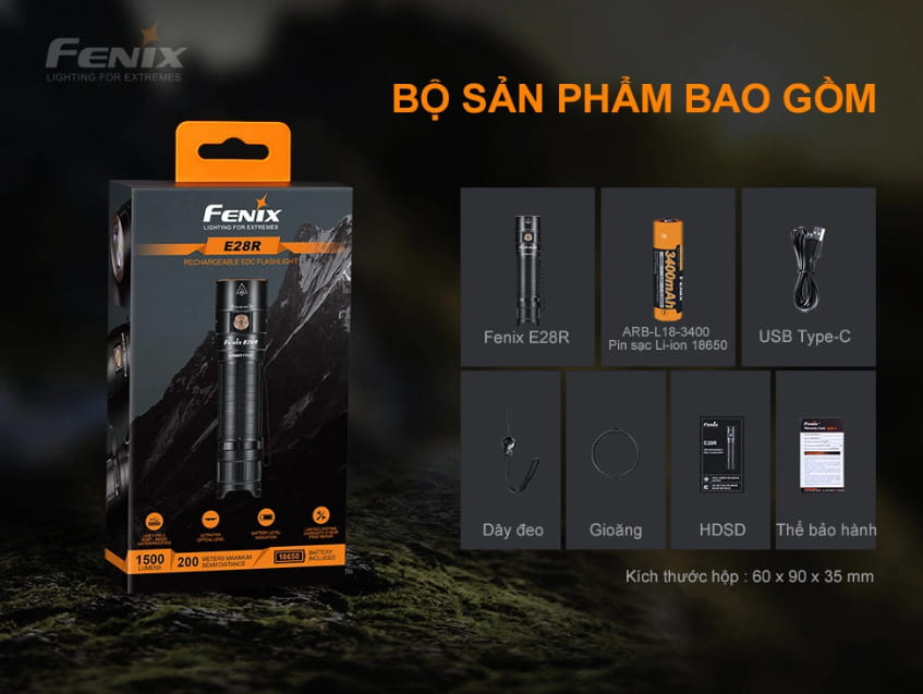 Đèn pin FENIX E28R độ sáng 1500 lumen chiếu xa 200m LED Luminus SST40 sạc USB C pin sạc 18650 3400mAh kèm theo