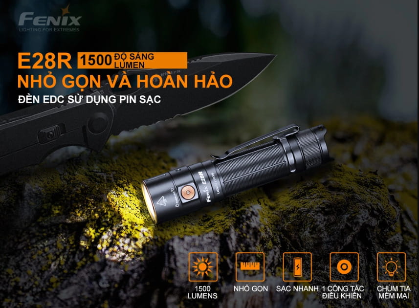 Đèn pin FENIX E28R độ sáng 1500 lumen chiếu xa 200m LED Luminus SST40 sạc USB C pin sạc 18650 3400mAh kèm theo