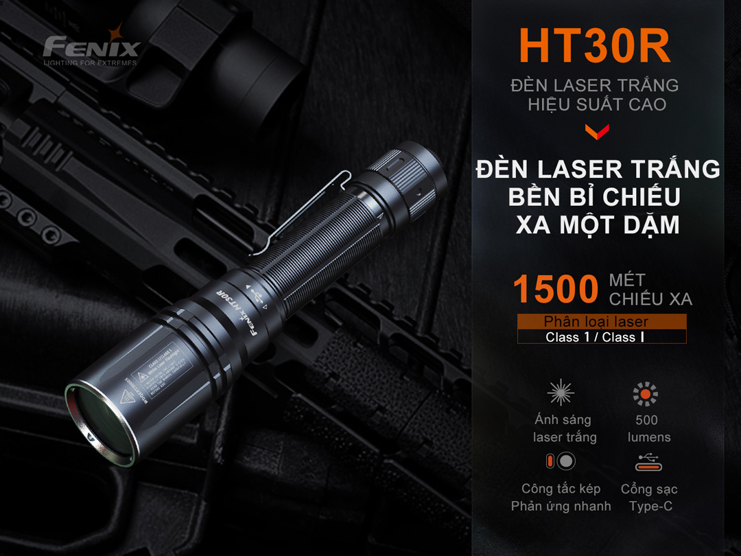 Đèn laser trắng FENIX HT30R sáng 500 lumen chiếu xa 1500m pin sạc 21700 USB-C