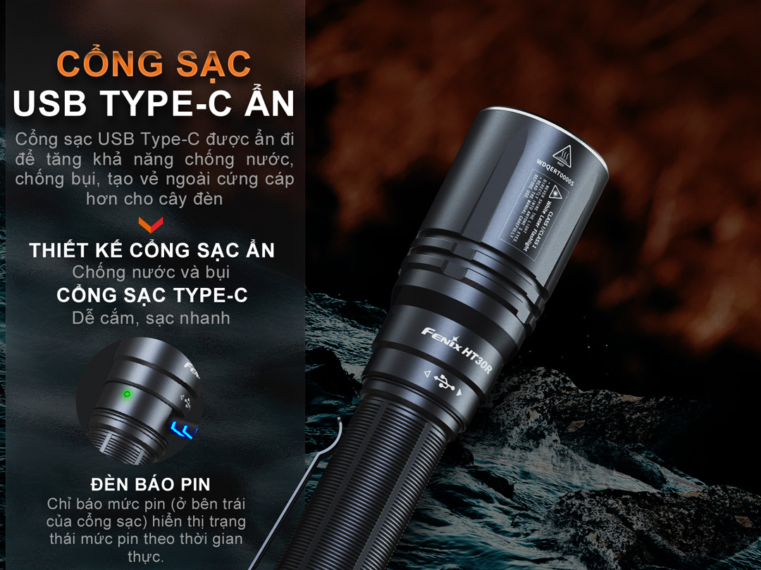 Đèn laser trắng FENIX HT30R sáng 500 lumen chiếu xa 1500m pin sạc 21700 USB-C