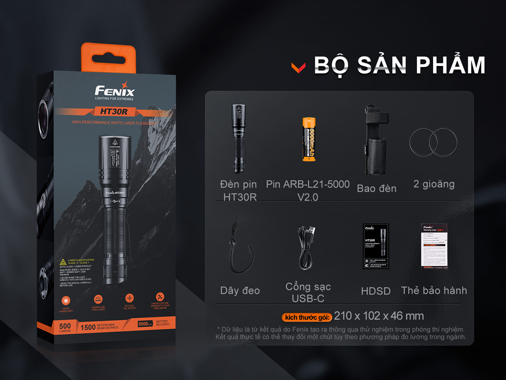 Đèn laser trắng FENIX HT30R sáng 500 lumen chiếu xa 1500m pin sạc 21700 USB-C
