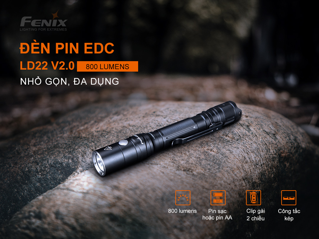 Đèn pin mini Fenix LD22 V2.0 sáng 800 lumen chiếu xa 214m pin 1100mAh