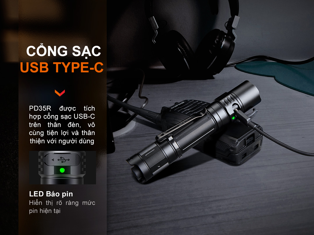 Đèn pin FENIX PD35R sáng 1700lm chiếu xa 353m sạc USB-C pin 18650 3400mAh