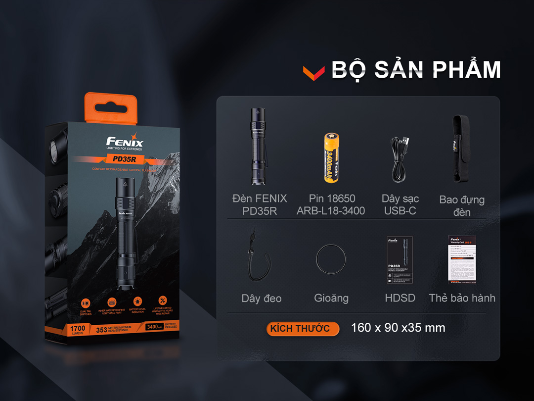 Đèn pin FENIX PD35R sáng 1700lm chiếu xa 353m sạc USB-C pin 18650 3400mAh
